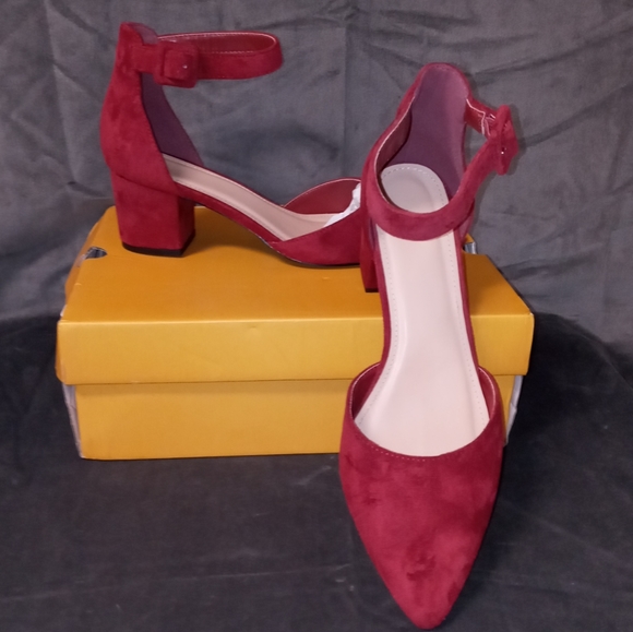 None Shoes - Burgundy Faux Suede Ankle Strap Low Block Heel Size 7.5 NEW